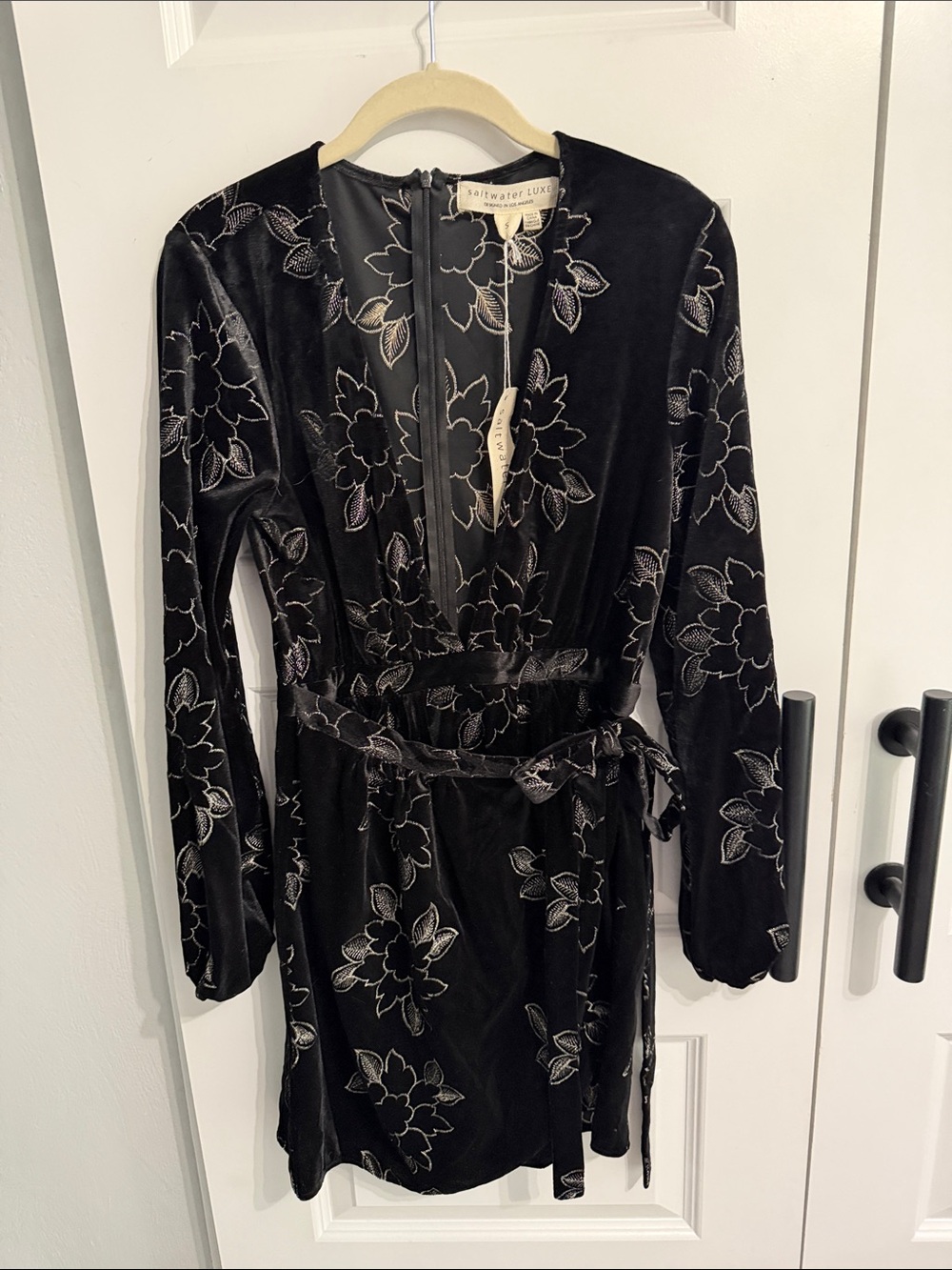 saltwater LUXE Black Floral Velvet Wrap Dress with Silver Embroidery - Picture 2 of 5